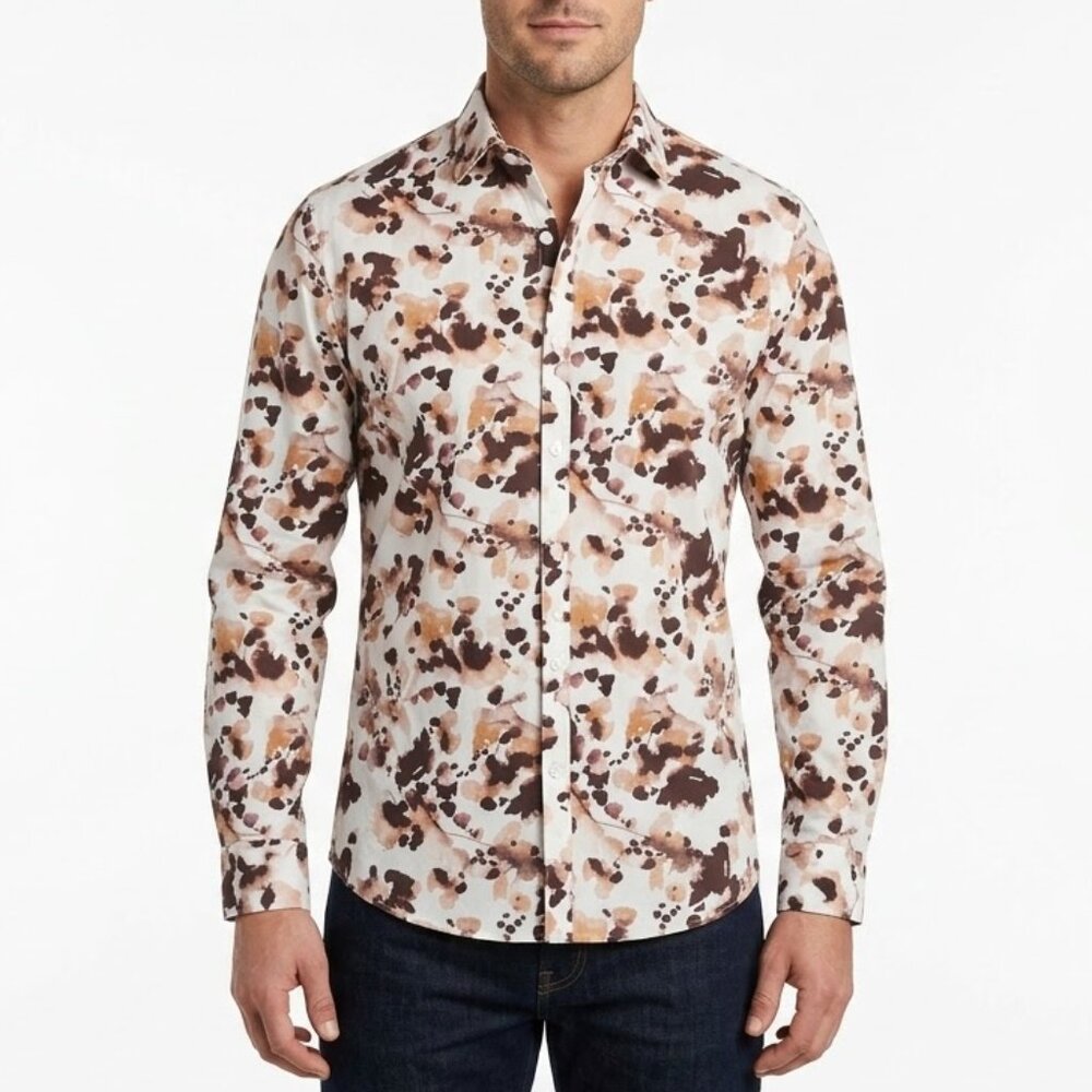 INC International Concepts Abstract Watercolor Floral Shirt Earthy Art Vibe Sm